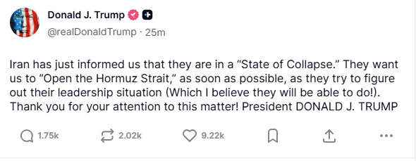 Trump Spills: Iran's Crumbling, Strait Back in Play – Bitcoin's Got the Shivers, Darling 🖤🪙